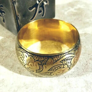 Carved Lotus Flower India Raw Brass Bangle Bracelet Black Red Muted Accents